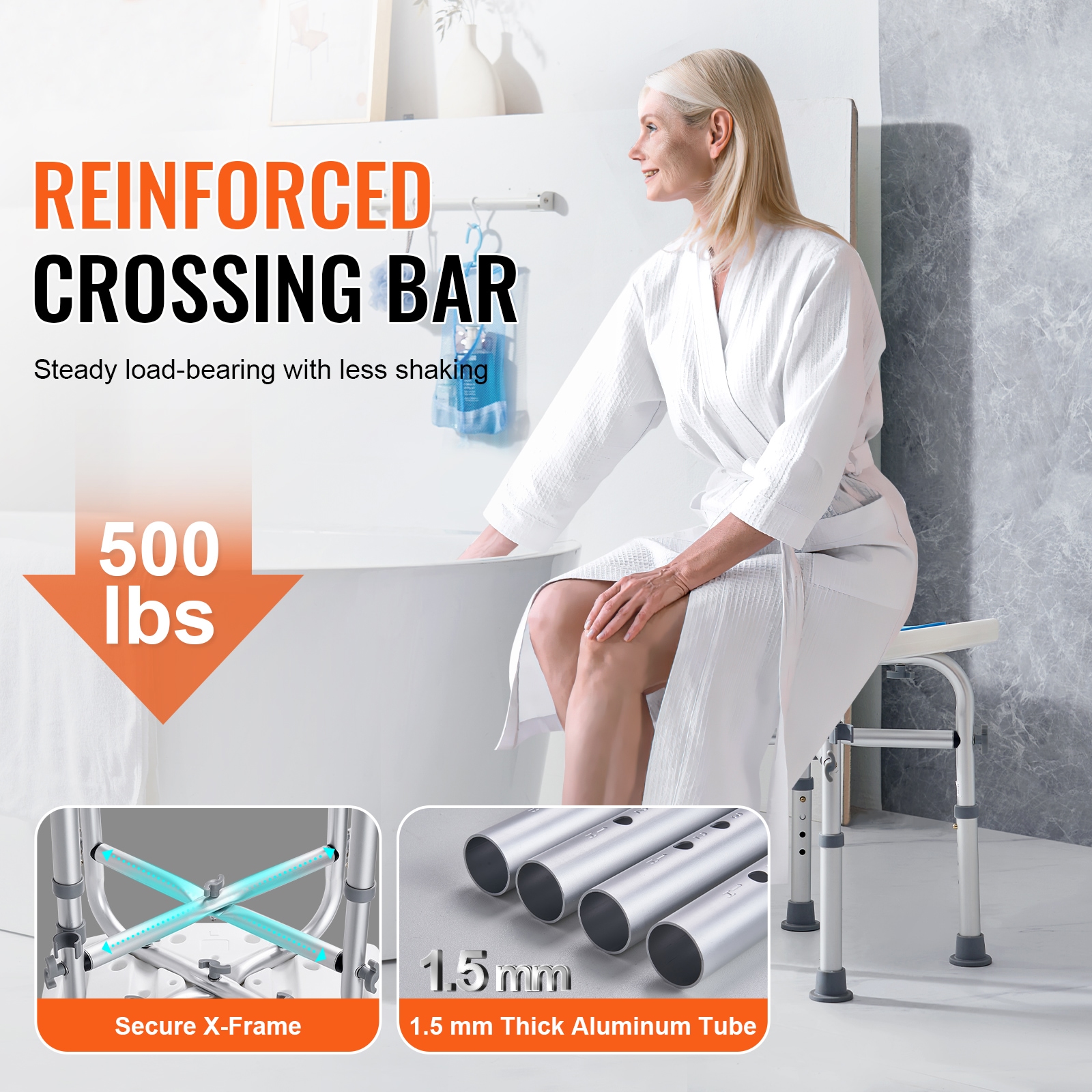 Adjustable Shower Stool With Crossbar For Elderly And Disabled_voghion.com